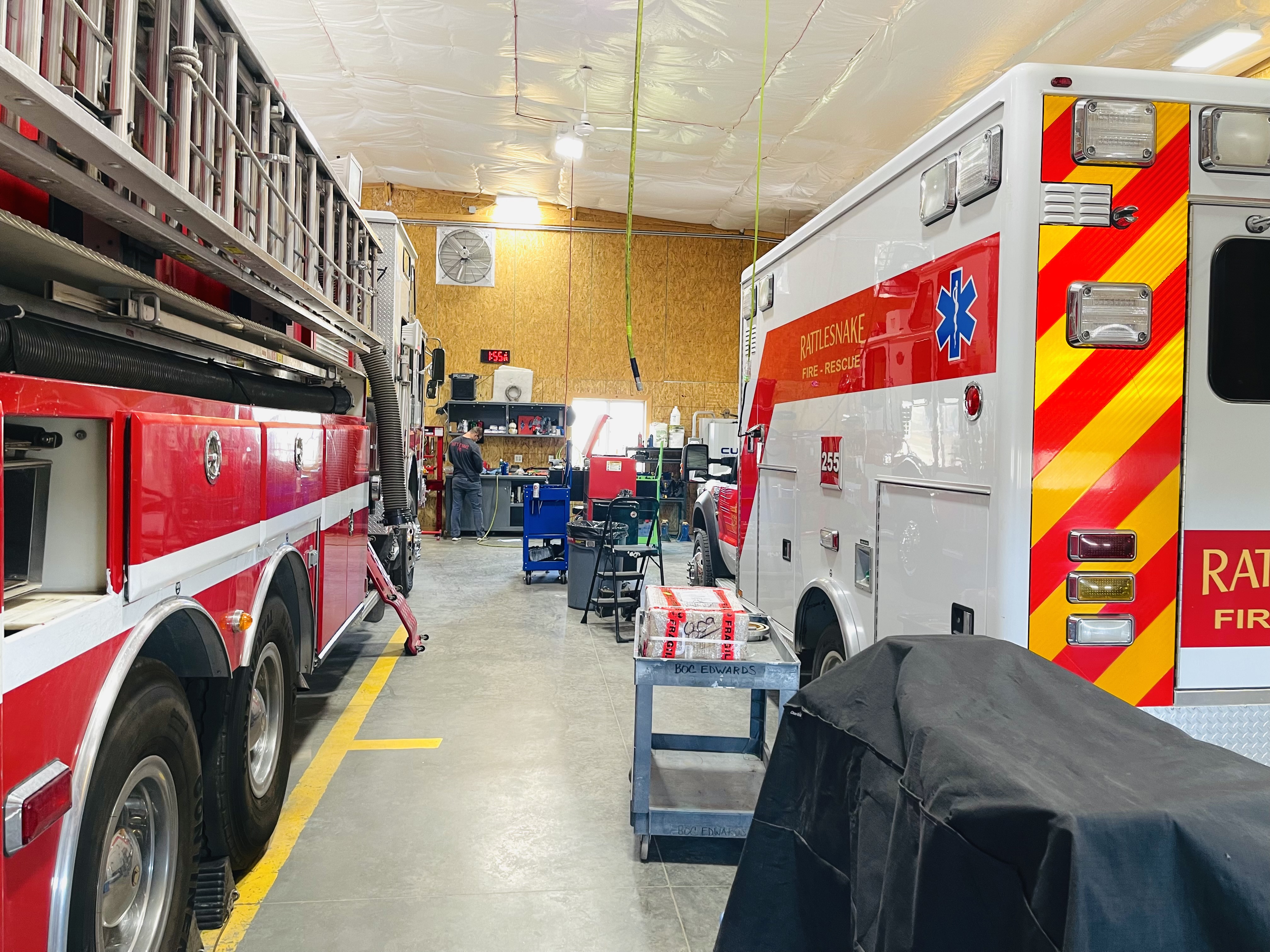 Fire truck and ambulance in bays