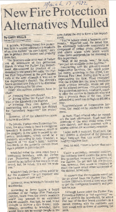 Newpaper clipping of New Fire Protection Alternatives Mulled from March 17 1982