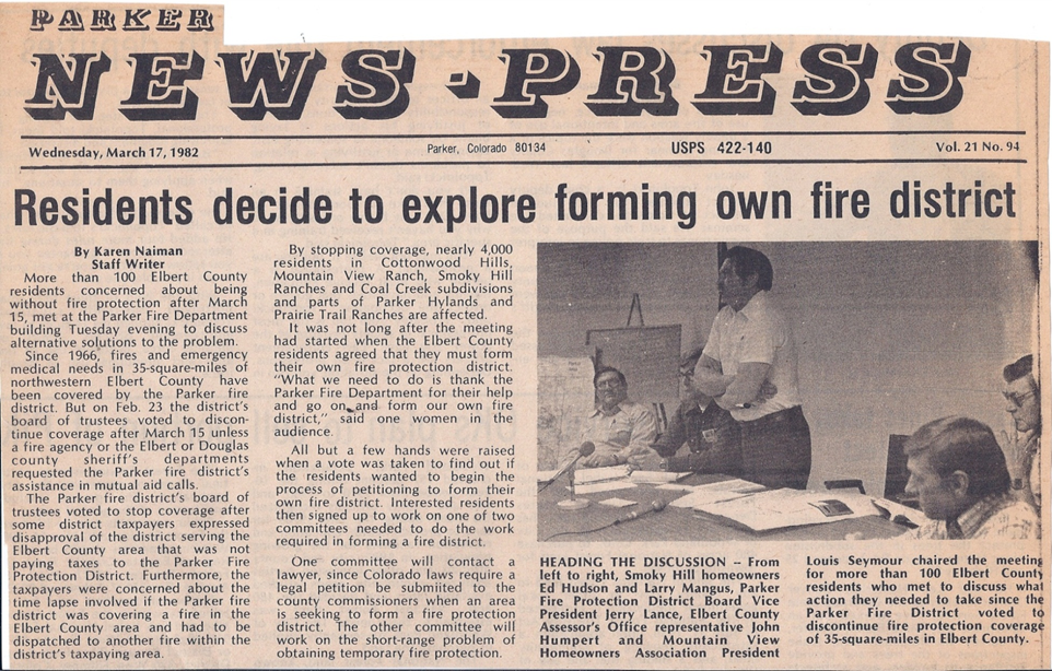 news paper clipping from March 17th 1982 titled Residents decide to explore forming own fire district